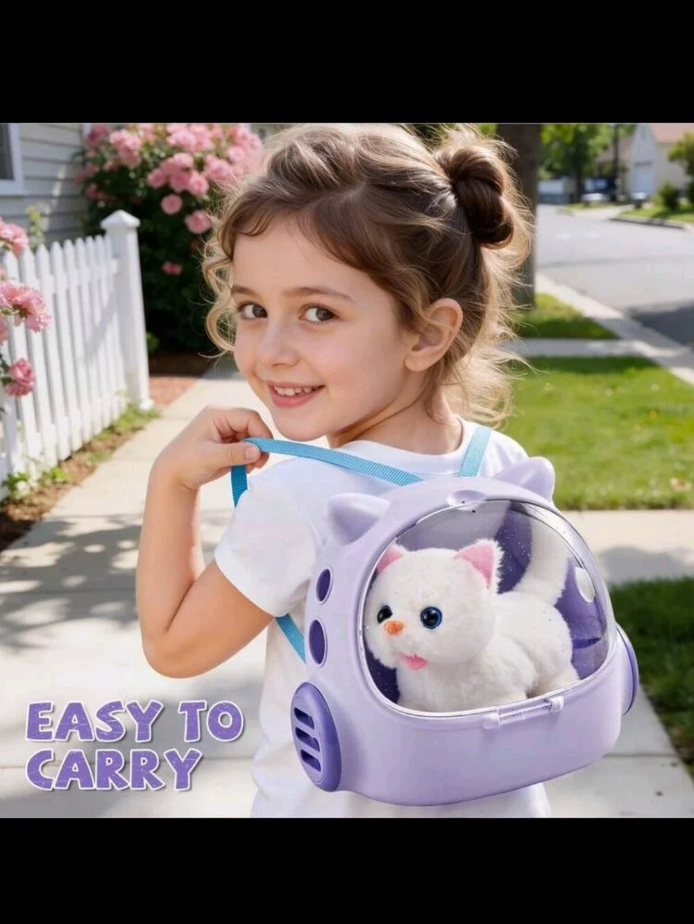 Plush White Kitten Playset with Mauve Purple Carrier - Pet Roleplay Set